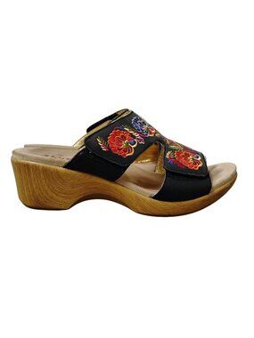 Alegria Womens 10-10.5/41 Wedge Platform Sandals Black Embroidered Leather BoHo